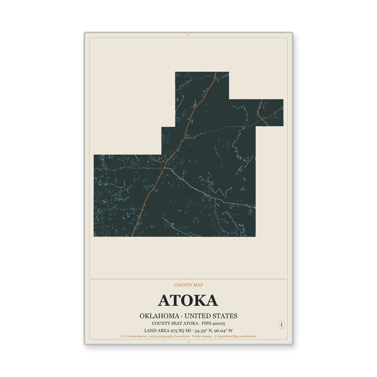 Atoka County, Oklahoma Map Aluminum Sign in Headline Atlas style