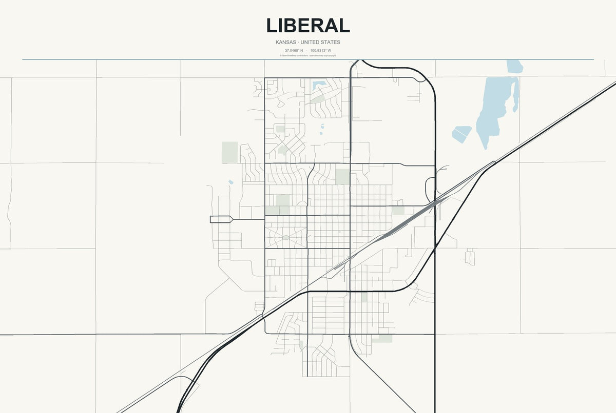 Liberal, Kansas City Map Aluminum Sign in Headline Atlas style