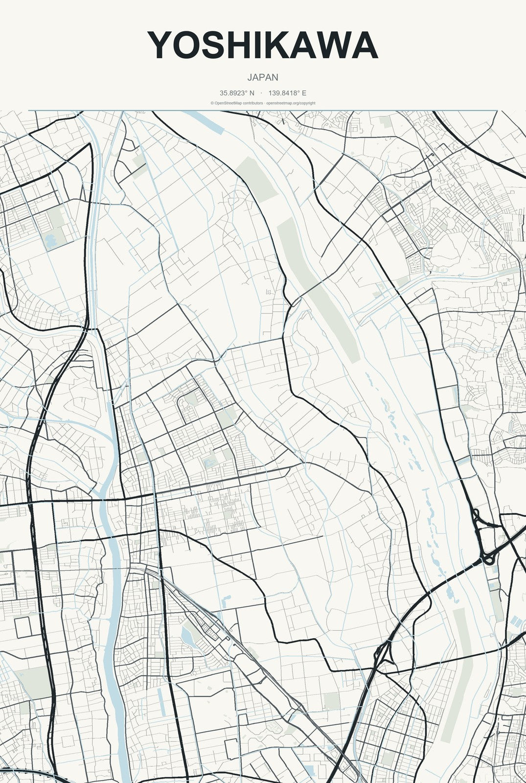 Yoshikawa, Japan City Map Aluminum Sign in Headline Atlas style