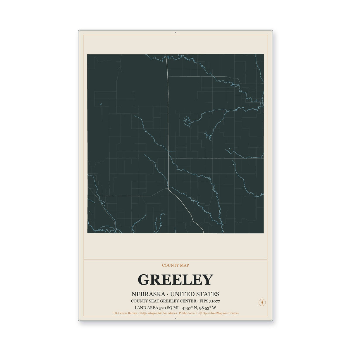 Greeley County, Nebraska Map Aluminum Sign in Headline Atlas style
