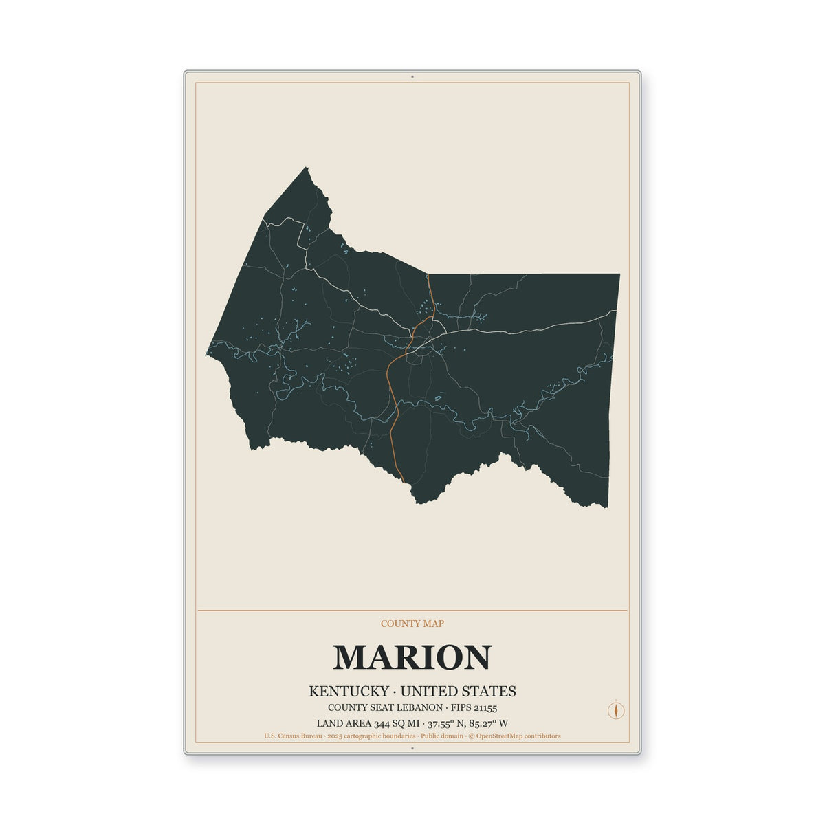 Marion County, Kentucky Map Aluminum Sign in Headline Atlas style