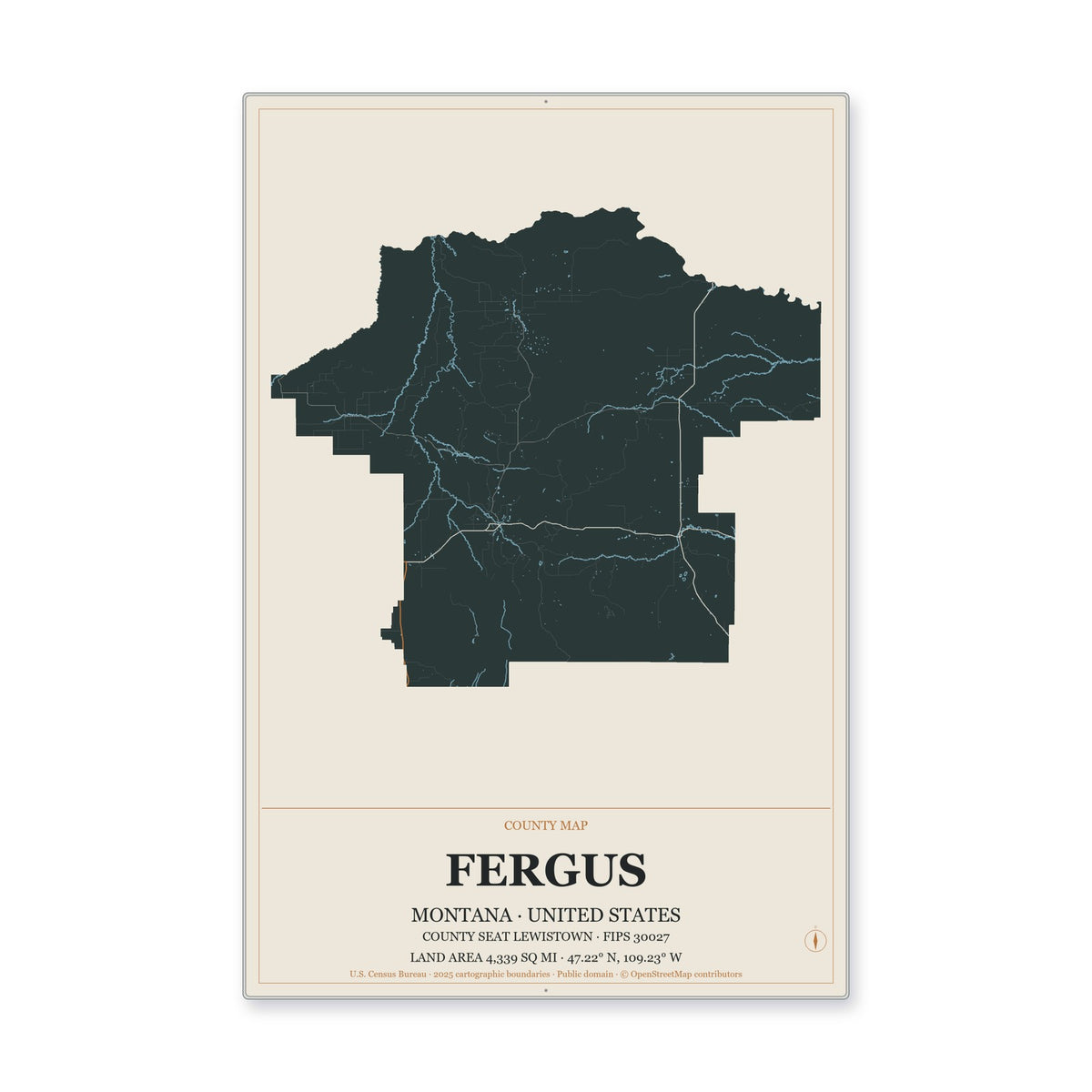 Fergus County, Montana Map Aluminum Sign in Headline Atlas style