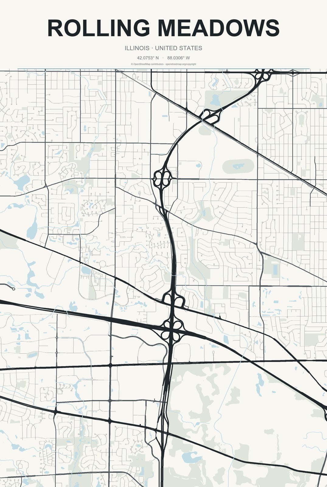 Rolling Meadows, Illinois City Map Aluminum Sign in Headline Atlas style
