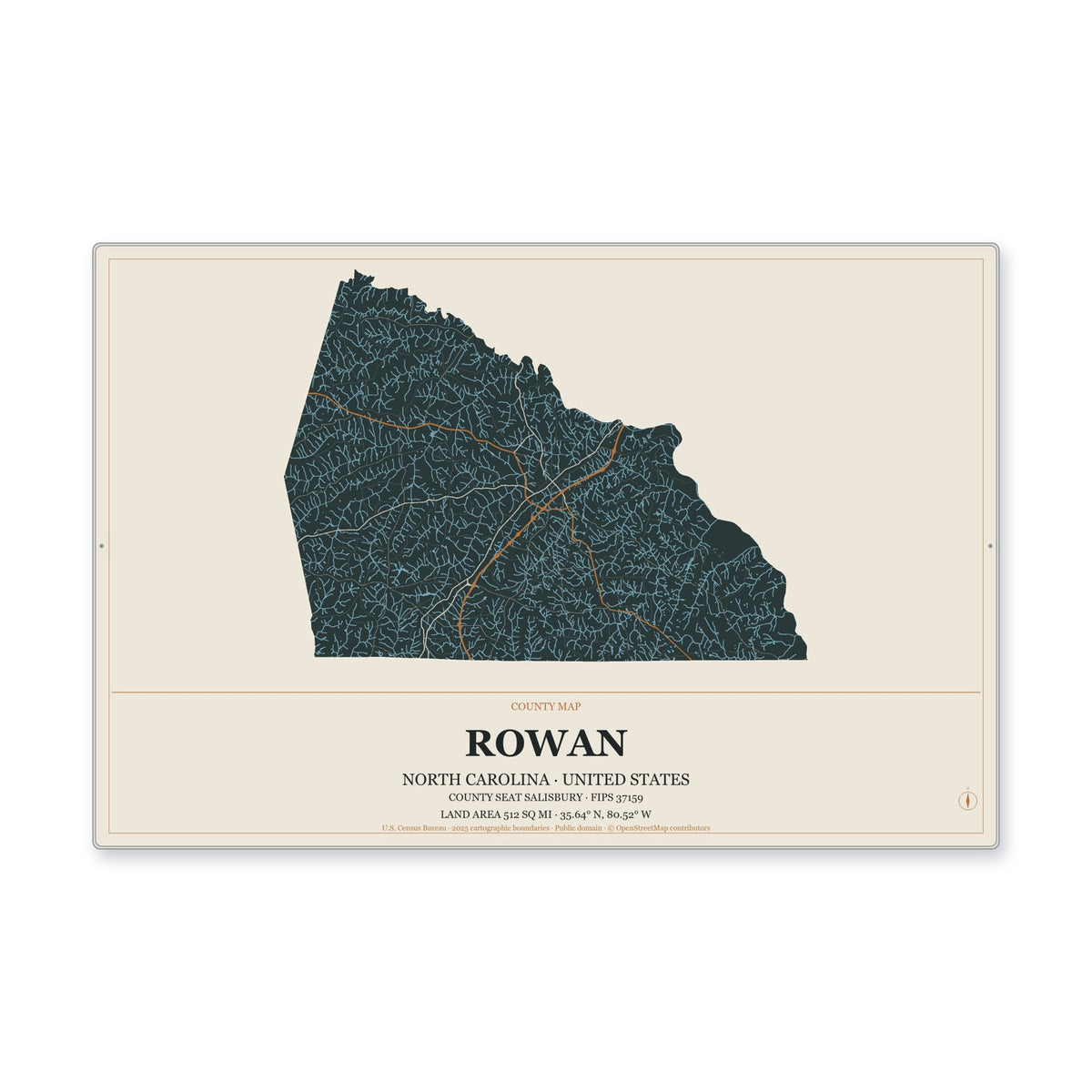 Rowan County, North Carolina Map Aluminum Sign in Headline Atlas style