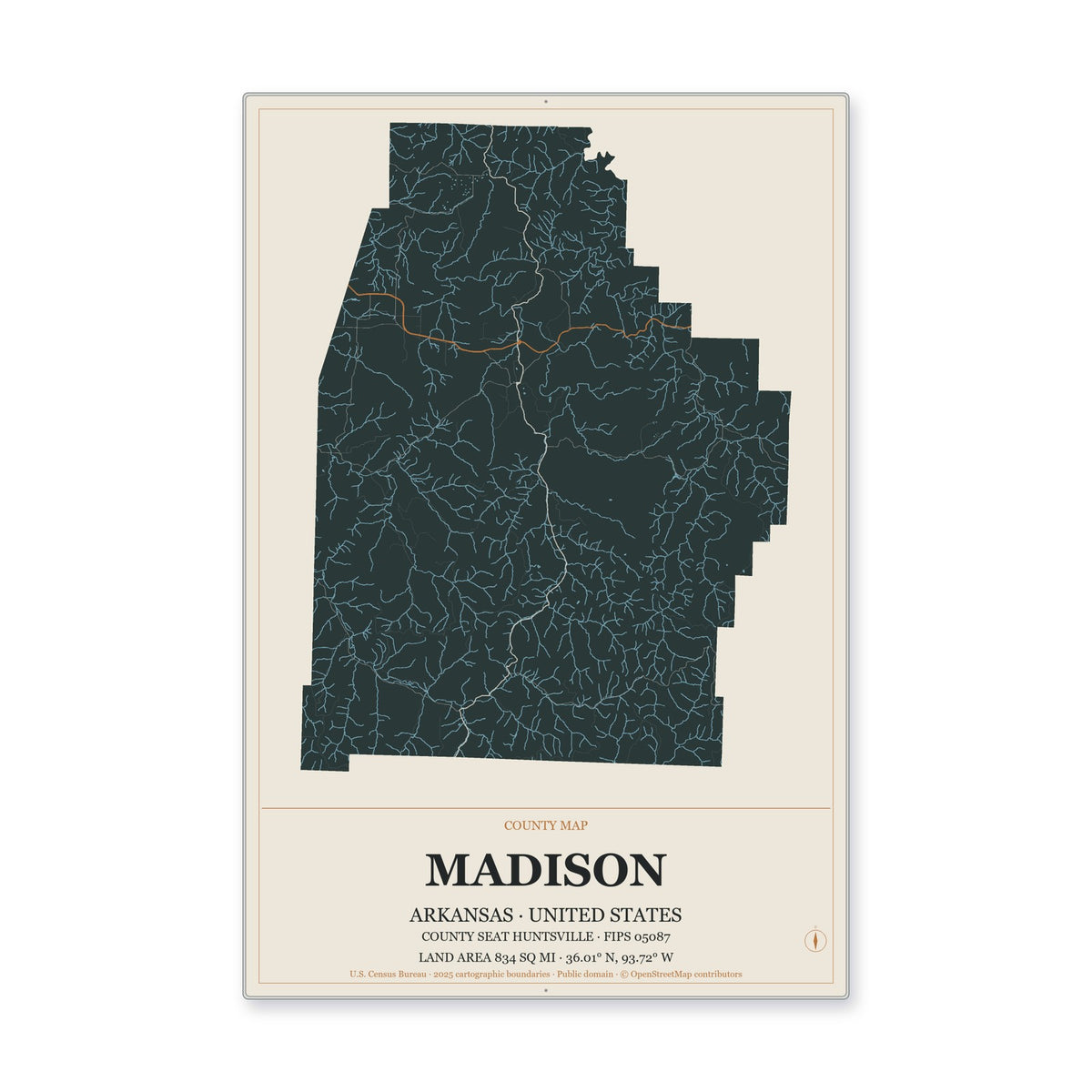 Madison County, Arkansas Map Aluminum Sign in Headline Atlas style