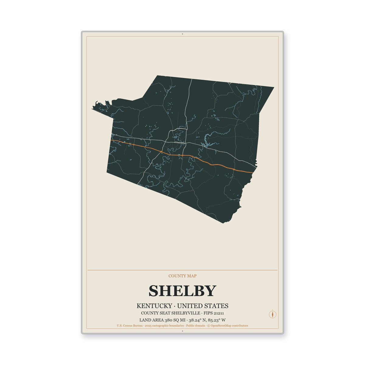 Shelby County, Kentucky Map Aluminum Sign in Headline Atlas style