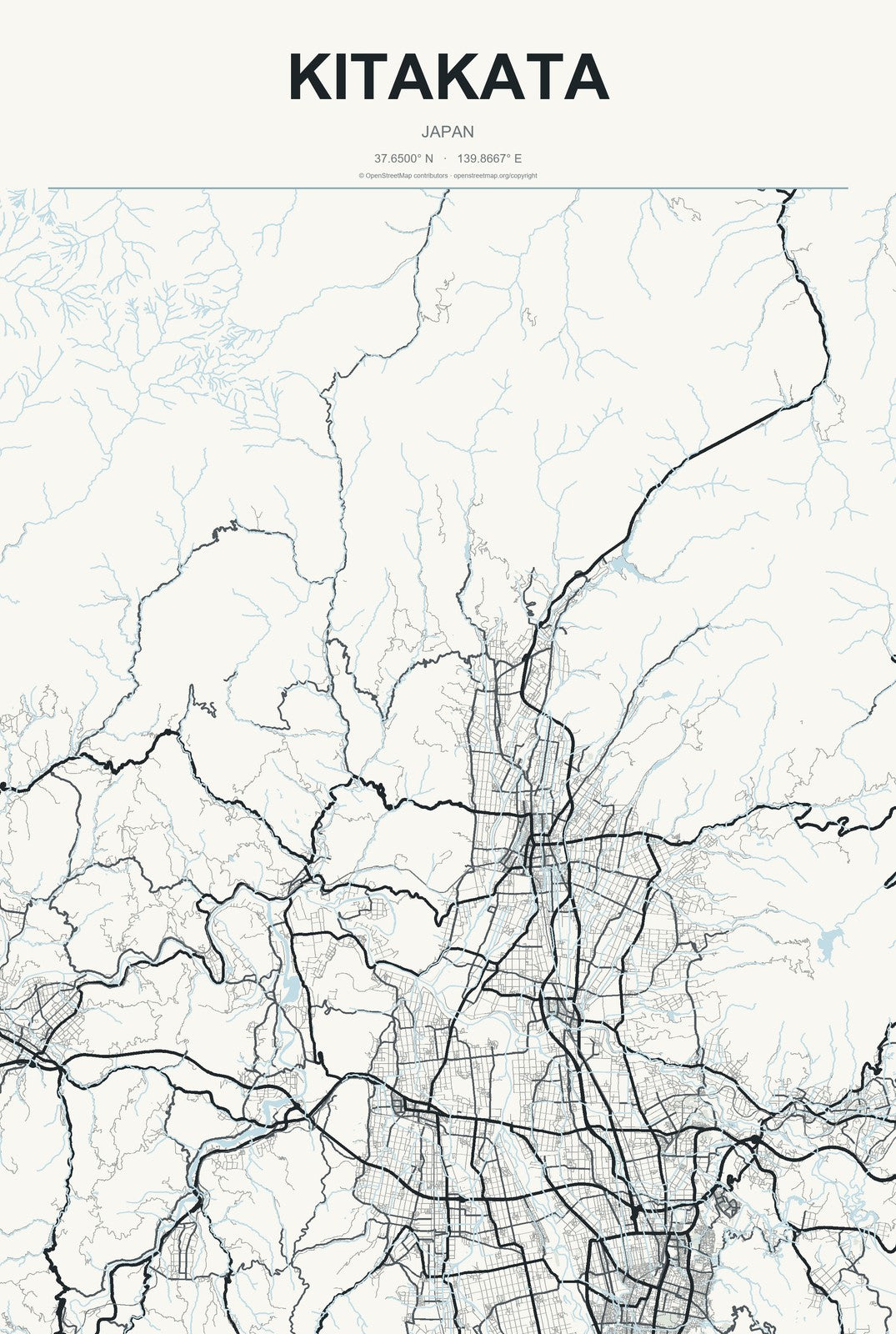 Kitakata, Japan City Map Aluminum Sign in Headline Atlas style