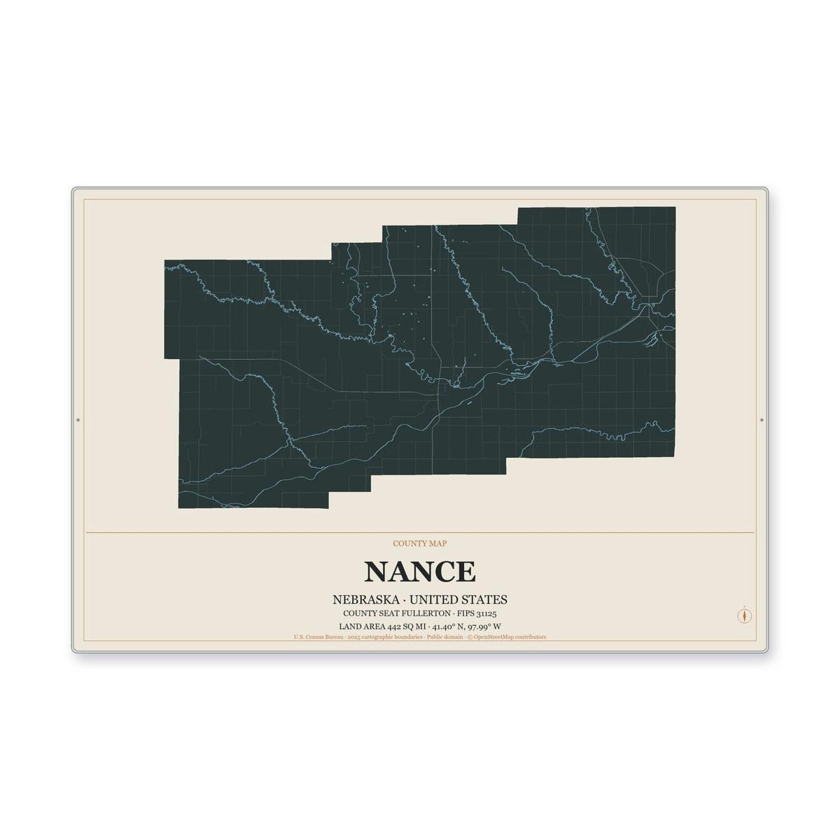 Nance County, Nebraska Map Aluminum Sign in Headline Atlas style