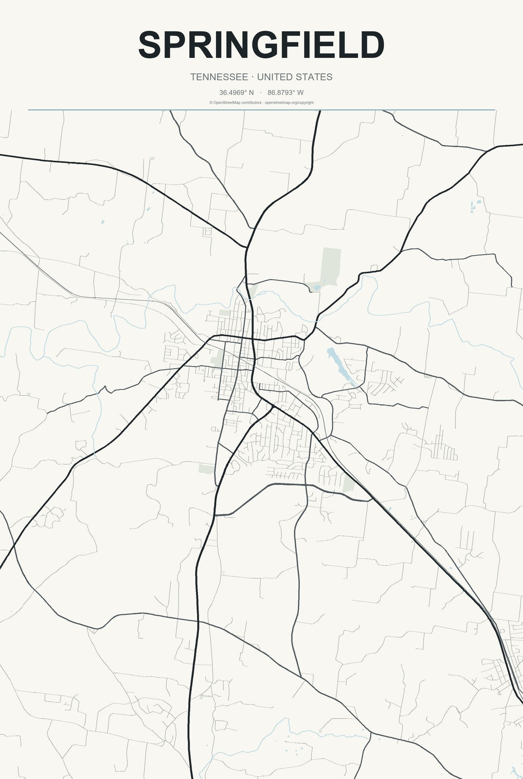 Springfield, Tennessee City Map Aluminum Sign in Headline Atlas style
