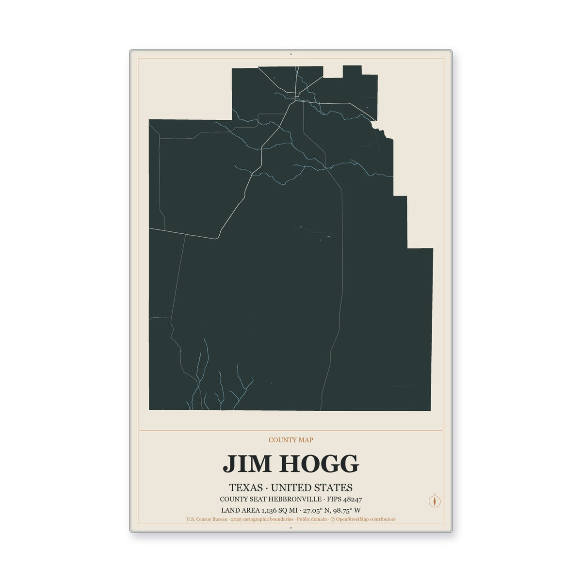 Jim Hogg County, Texas Map Aluminum Sign in Headline Atlas style
