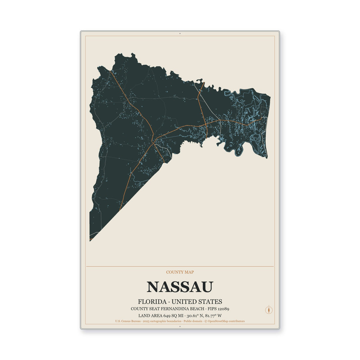 Nassau County, Florida Map Aluminum Sign in Headline Atlas style