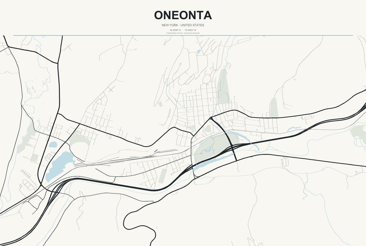 Oneonta, New York City Map Aluminum Sign in Headline Atlas style
