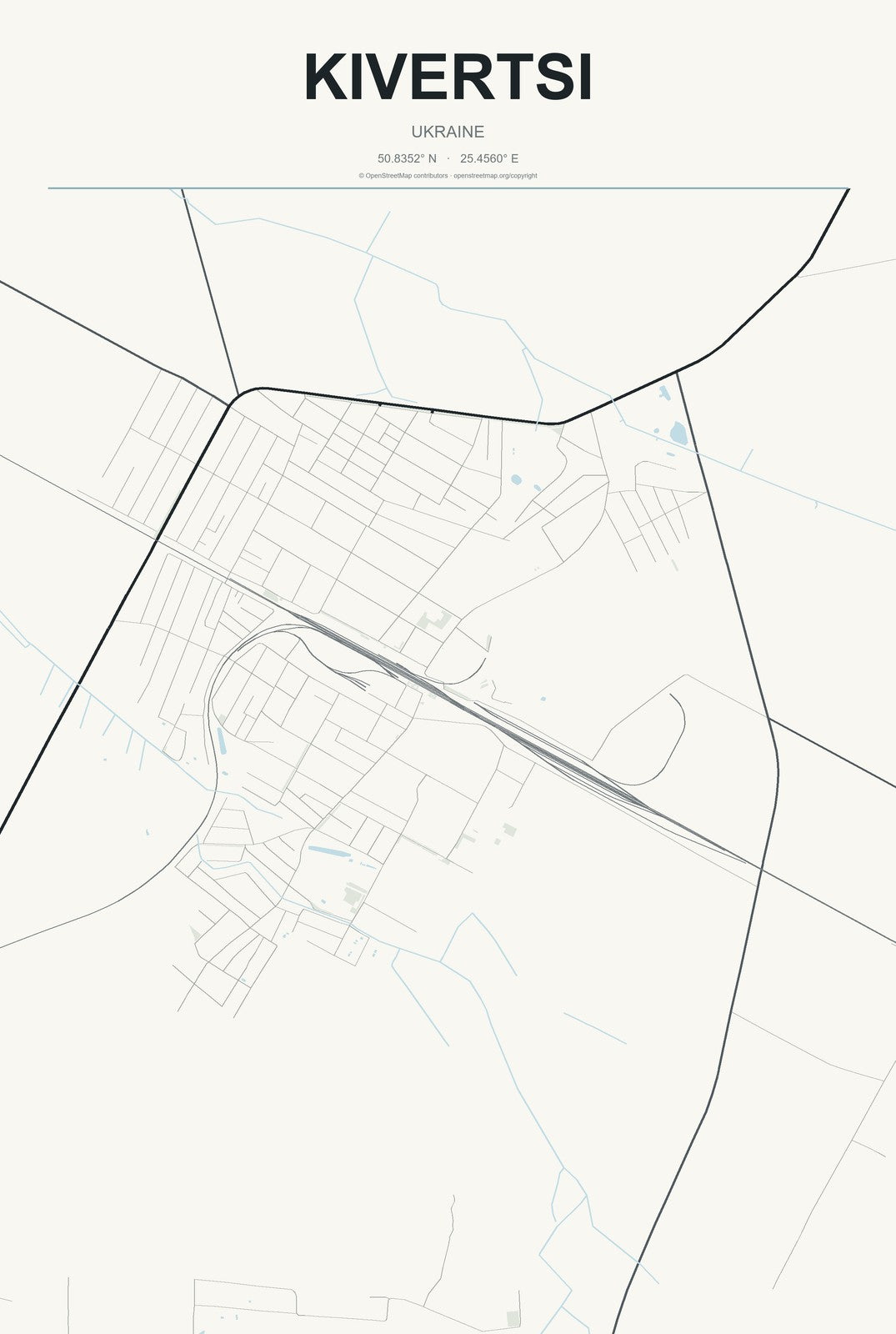 Kivertsi, Ukraine City Map Aluminum Sign in Headline Atlas style