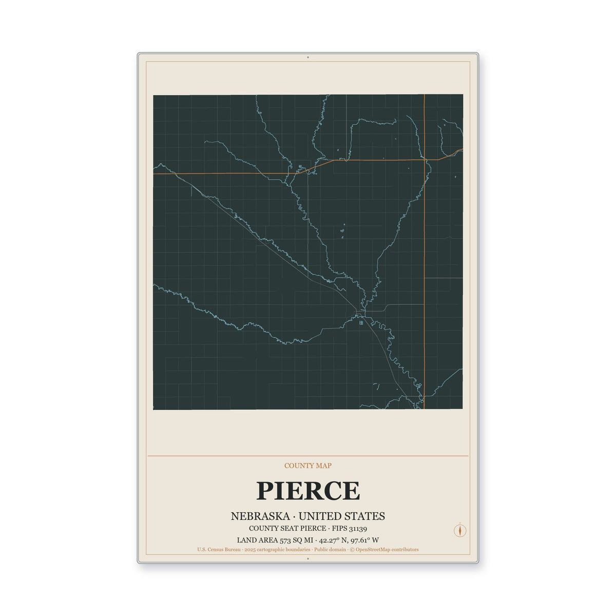 Pierce County, Nebraska Map Aluminum Sign in Headline Atlas style