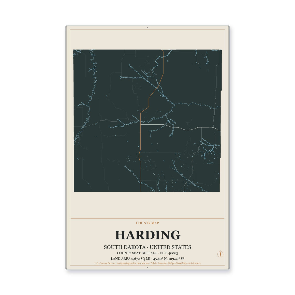 Harding County, South Dakota Map Aluminum Sign in Headline Atlas style
