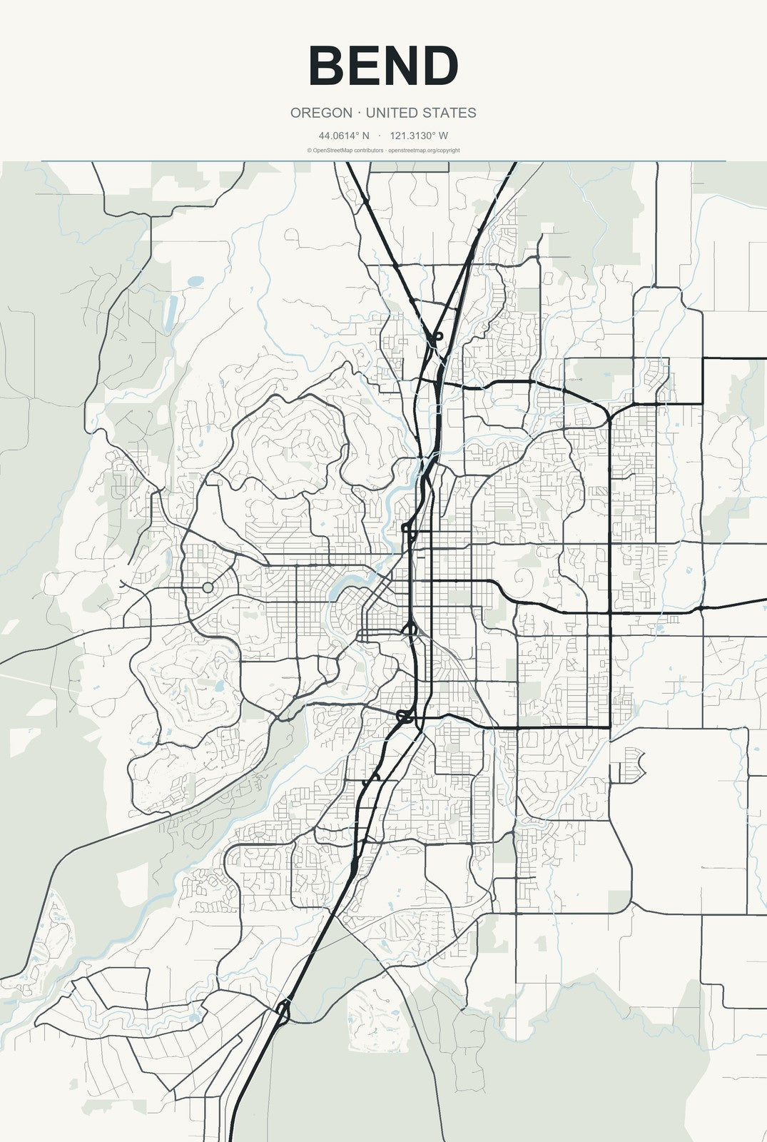 Bend, Oregon City Map Aluminum Sign in Headline Atlas style