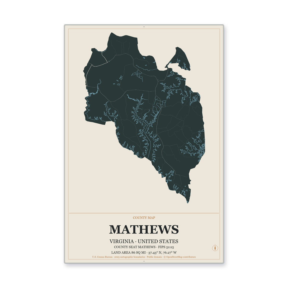Mathews County, Virginia Map Aluminum Sign in Headline Atlas style