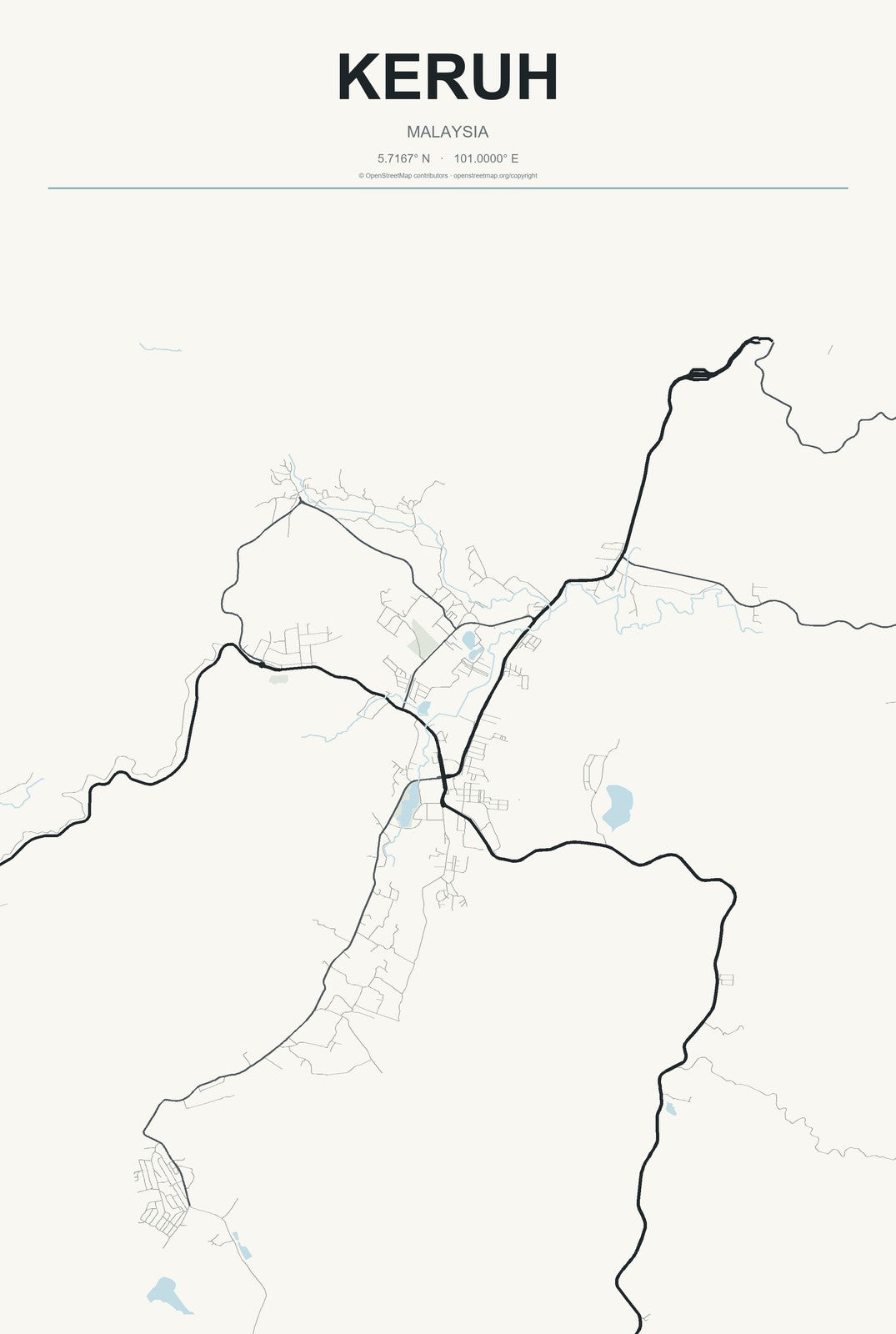 Keruh, Malaysia City Map Aluminum Sign in Headline Atlas style