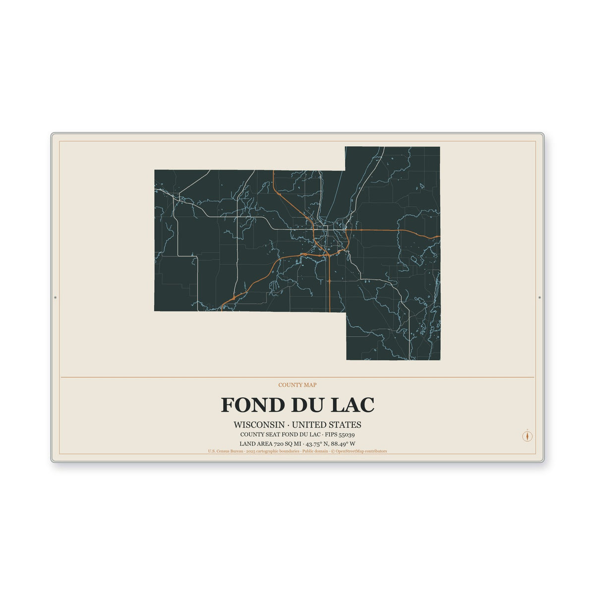 Fond du Lac County, Wisconsin Map Aluminum Sign in Headline Atlas style