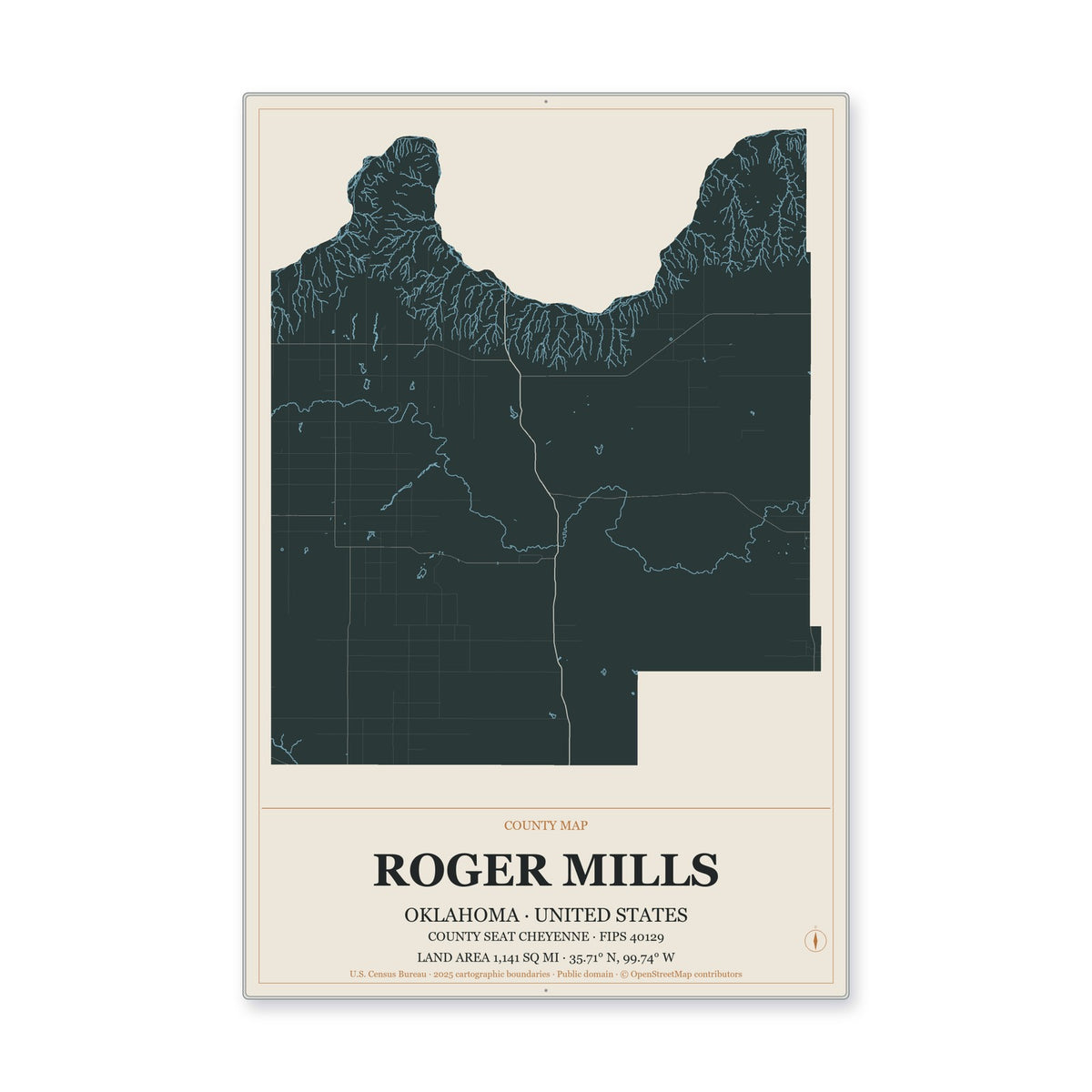 Roger Mills County, Oklahoma Map Aluminum Sign in Headline Atlas style