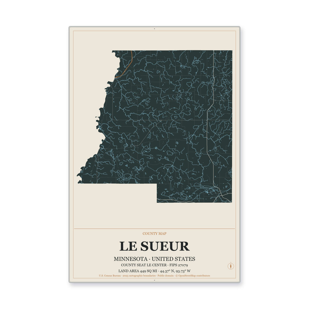 Le Sueur County, Minnesota Map Aluminum Sign in Headline Atlas style