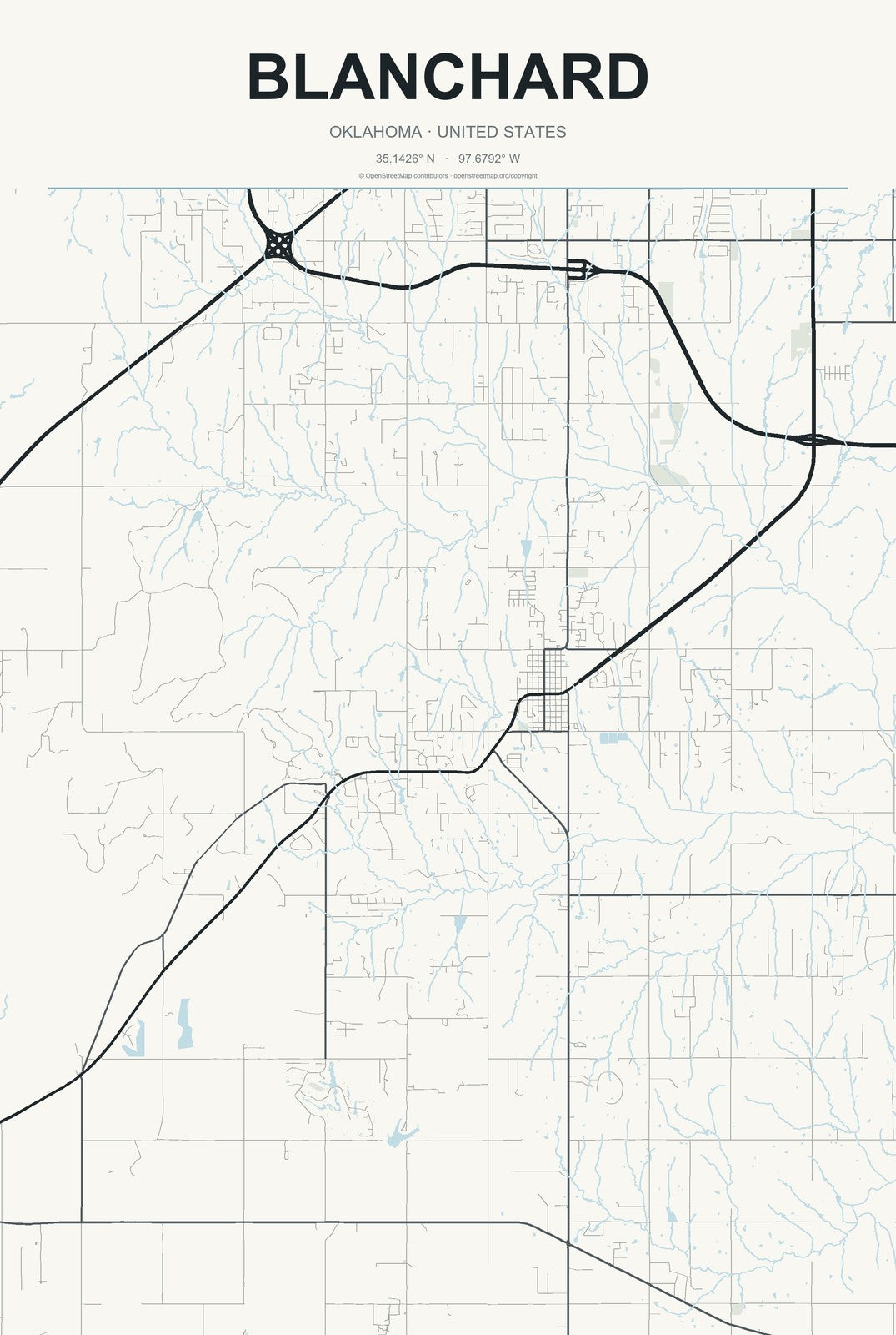 Blanchard, Oklahoma City Map Aluminum Sign in Headline Atlas style