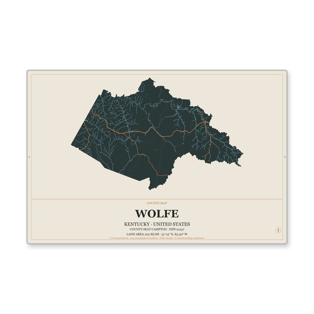 Wolfe County, Kentucky Map Aluminum Sign in Headline Atlas style