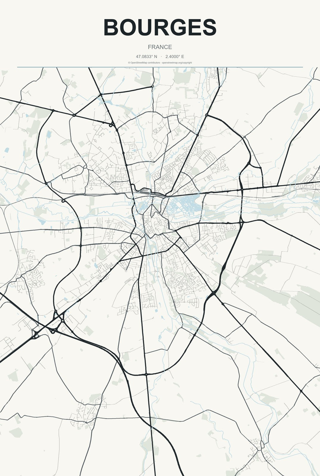Bourges, France City Map Aluminum Sign in Headline Atlas style