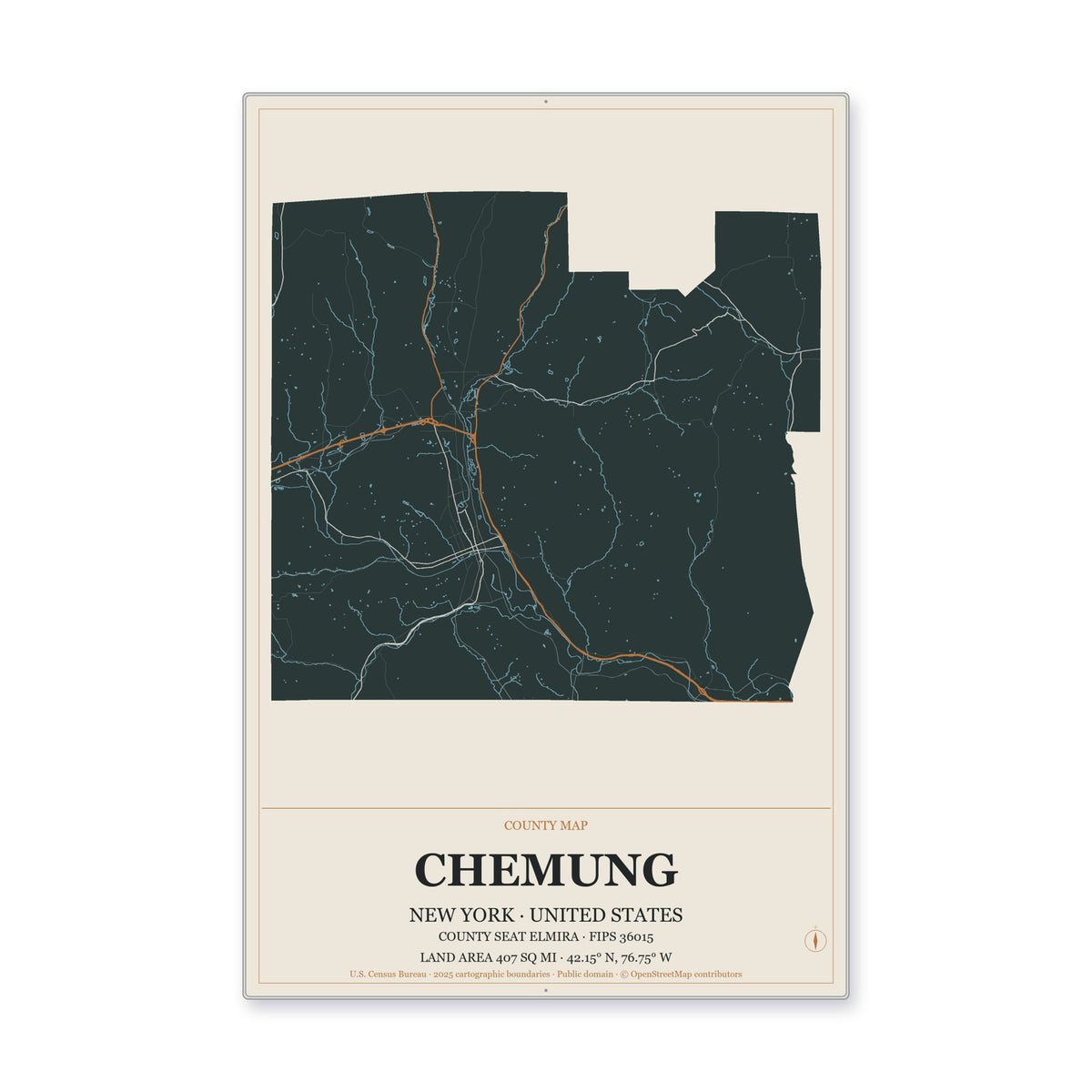 Chemung County, New York Map Aluminum Sign in Headline Atlas style