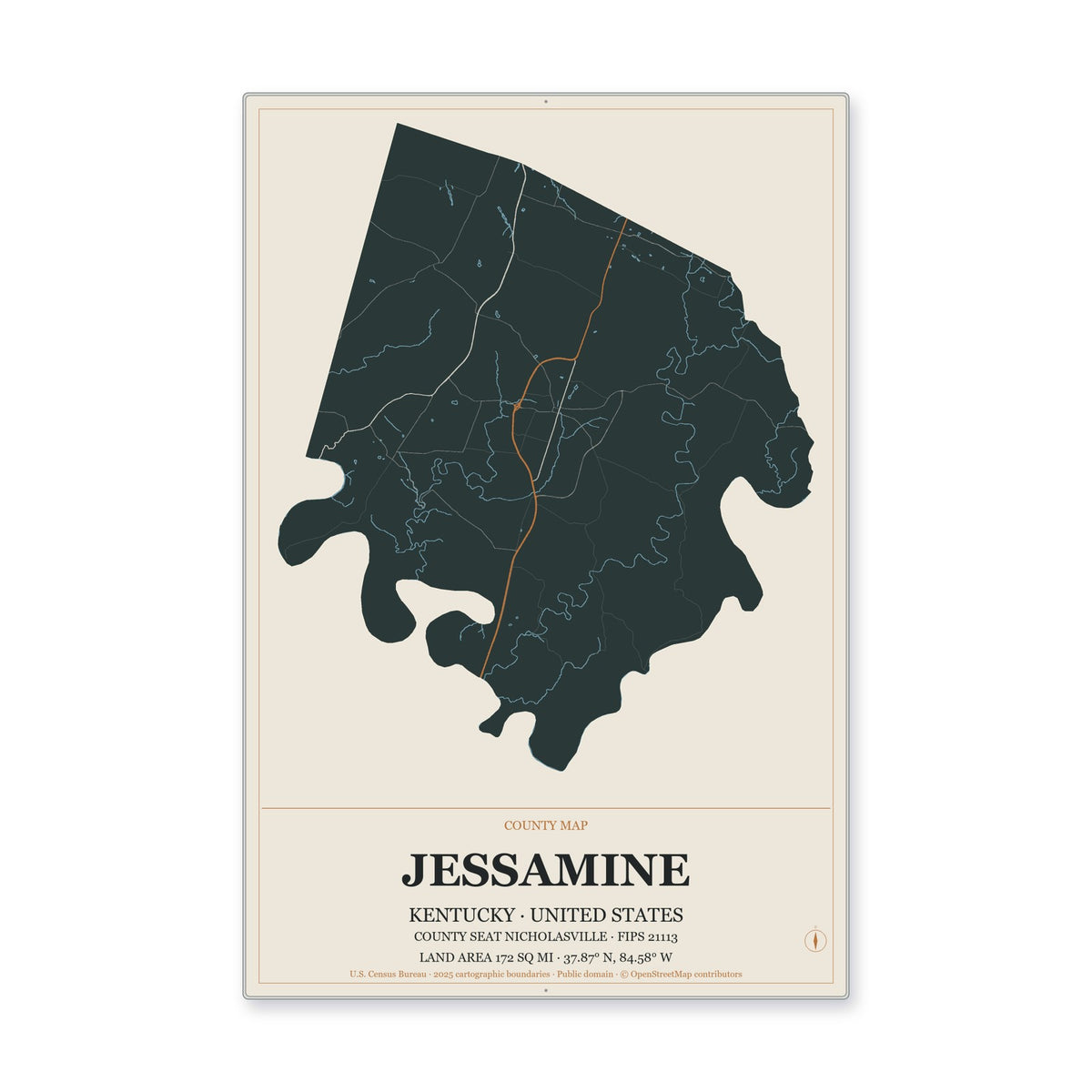Jessamine County, Kentucky Map Aluminum Sign in Headline Atlas style