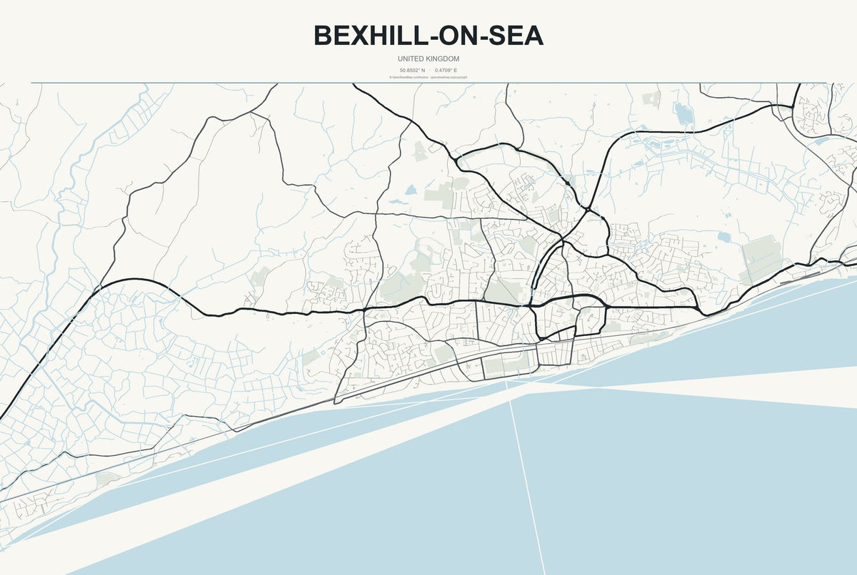 Bexhill-on-Sea, United Kingdom City Map Aluminum Sign in Headline Atlas style