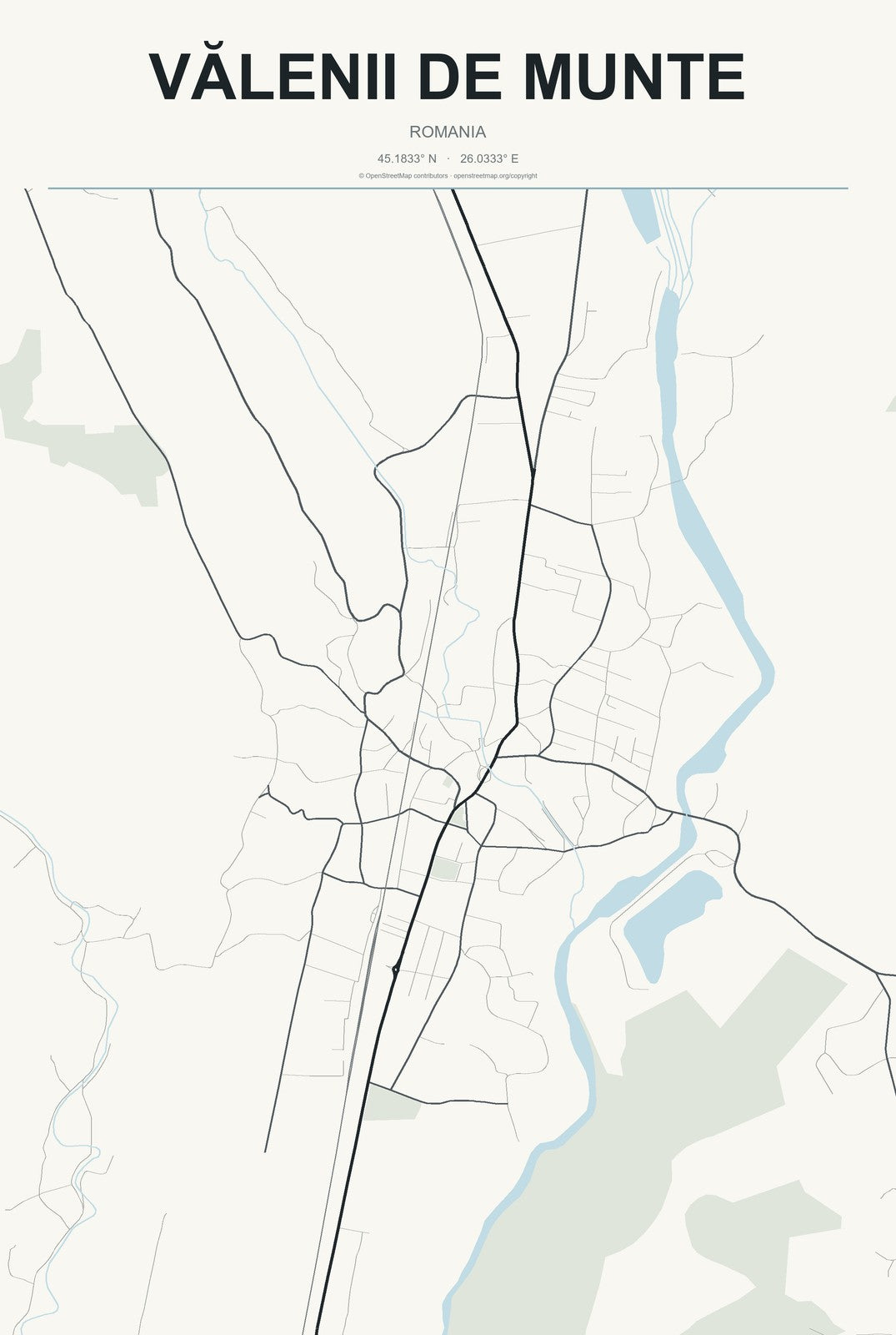 Vălenii de Munte, Romania City Map Aluminum Sign in Headline Atlas style