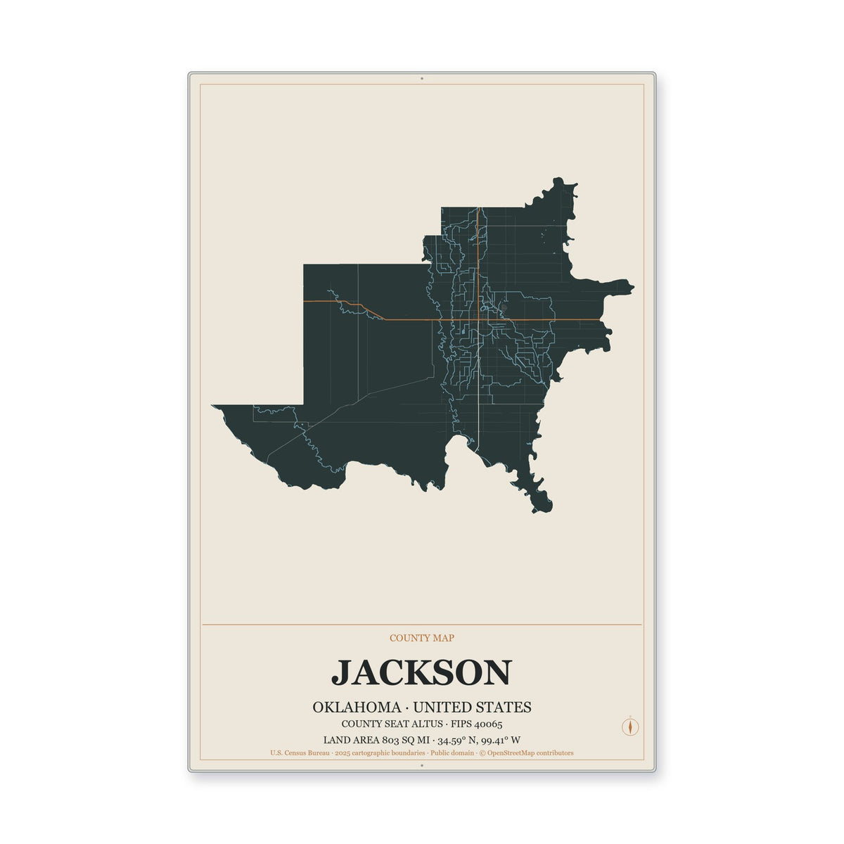 Jackson County, Oklahoma Map Aluminum Sign in Headline Atlas style