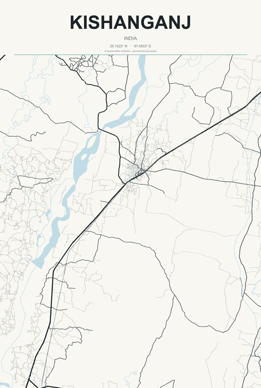 Kishanganj, India City Map Aluminum Sign in Headline Atlas style
