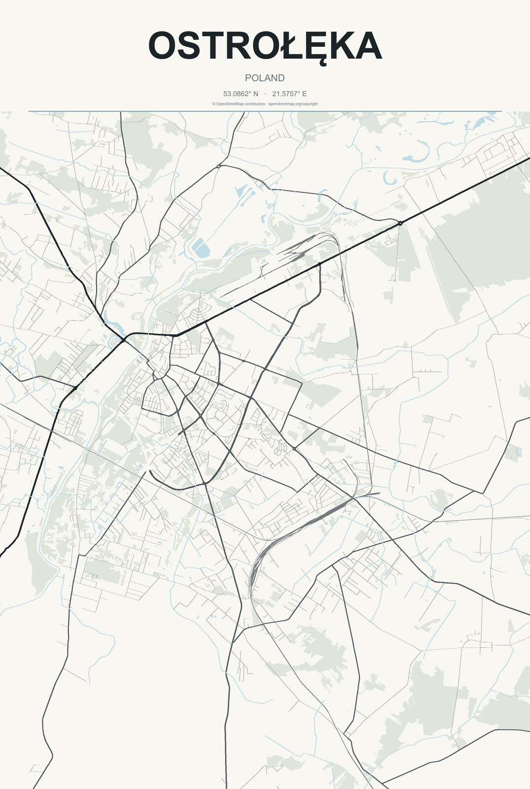 Ostrołęka, Poland City Map Aluminum Sign in Headline Atlas style