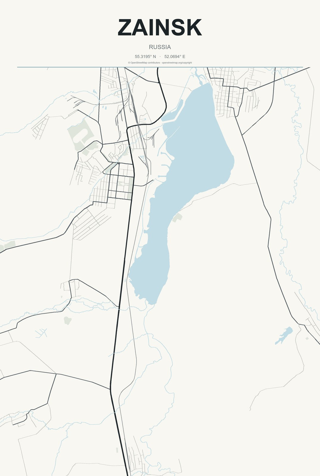 Zainsk, Russia City Map Aluminum Sign in Headline Atlas style