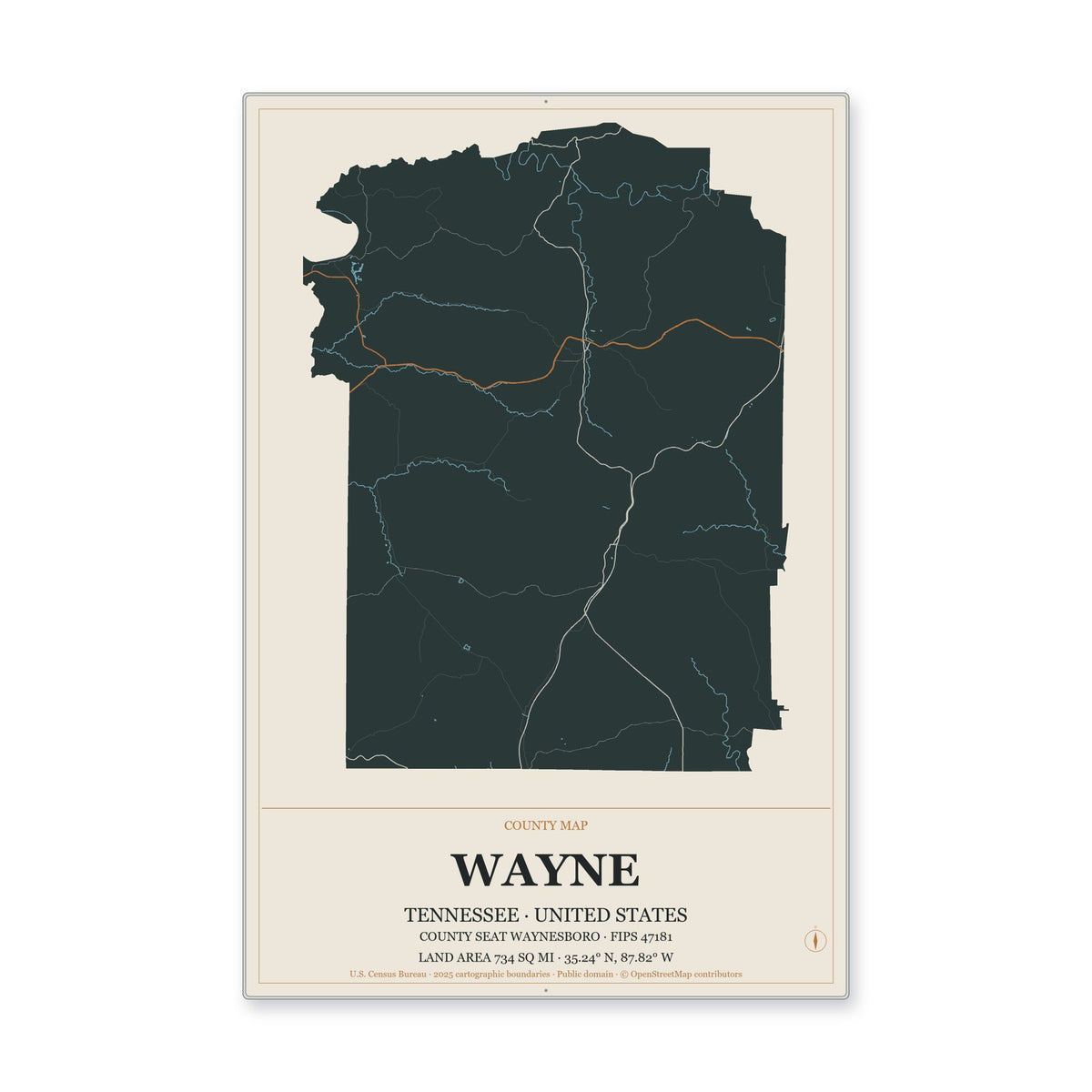 Wayne County, Tennessee Map Aluminum Sign in Headline Atlas style