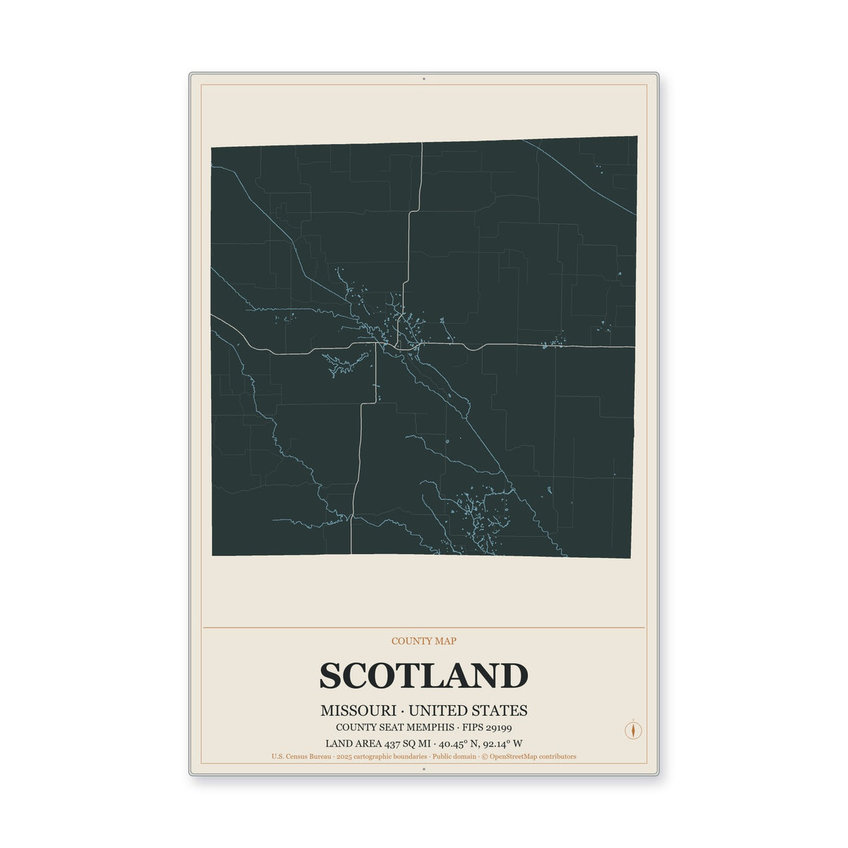 Scotland County, Missouri Map Aluminum Sign in Headline Atlas style