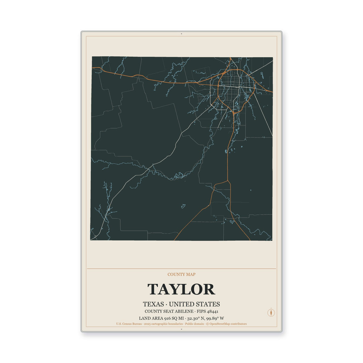 Taylor County, Texas Map Aluminum Sign in Headline Atlas style