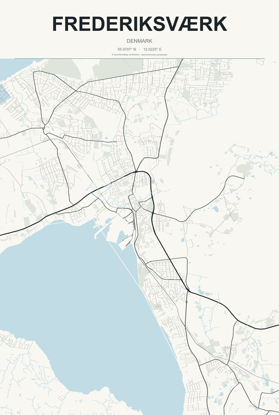 Frederiksværk, Denmark City Map Aluminum Sign in Headline Atlas style