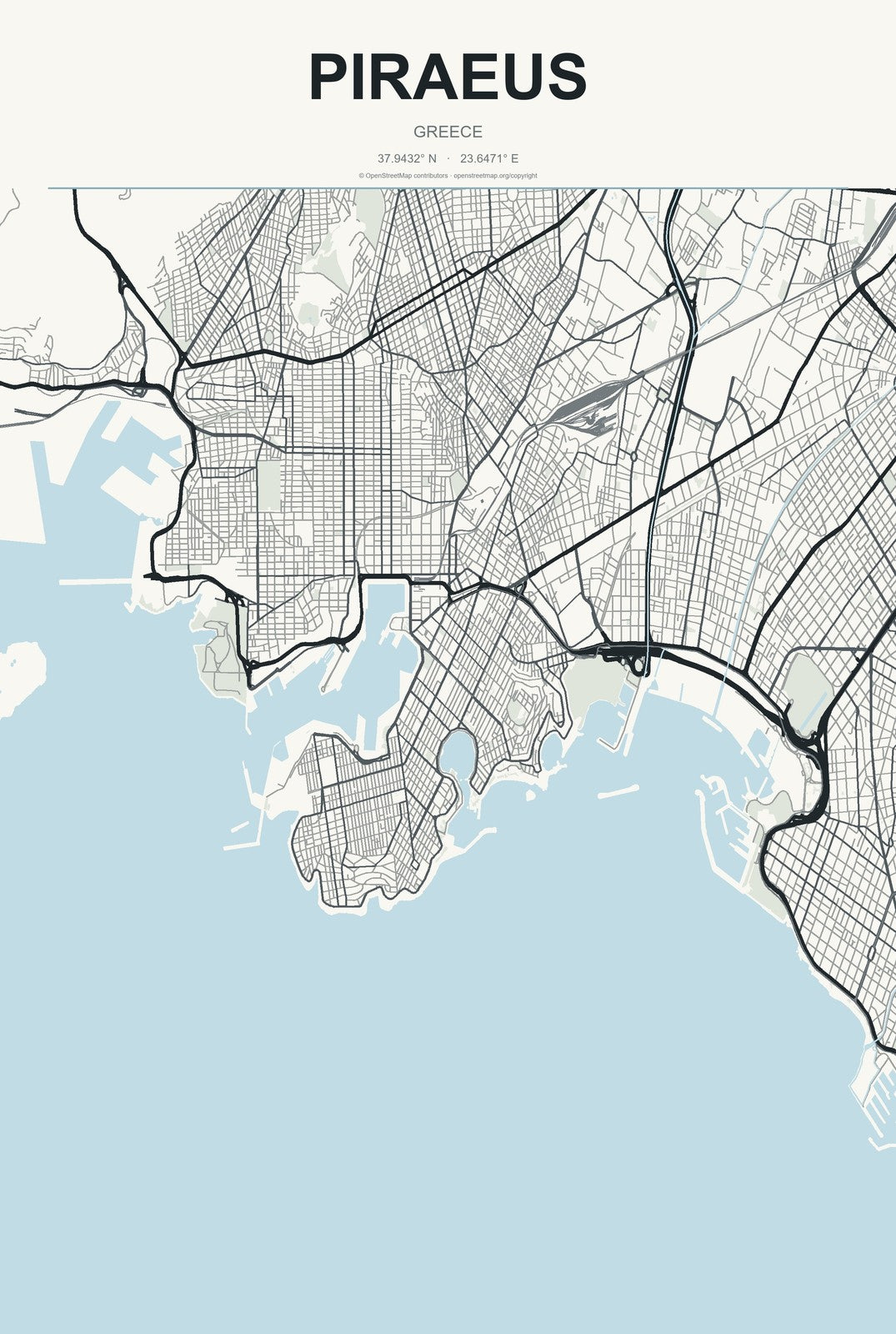 Piraeus, Greece City Map Aluminum Sign in Headline Atlas style