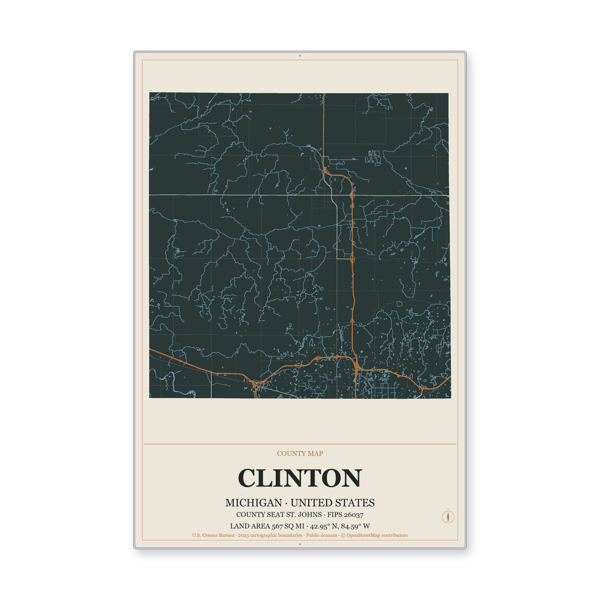 Clinton County, Michigan Map Aluminum Sign in Headline Atlas style