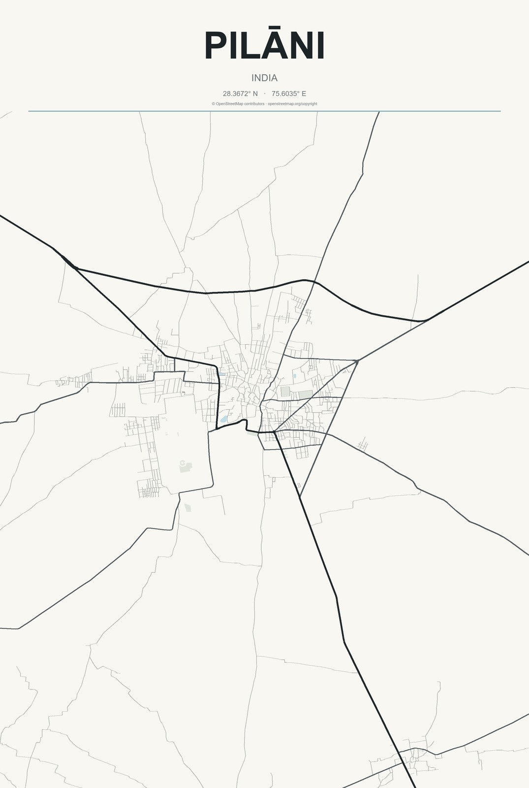 Pilāni, India City Map Aluminum Sign in Headline Atlas style
