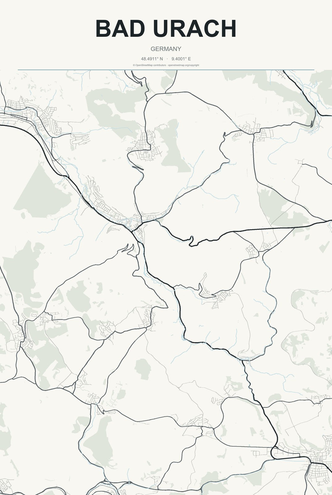 Bad Urach, Germany City Map Aluminum Sign in Headline Atlas style