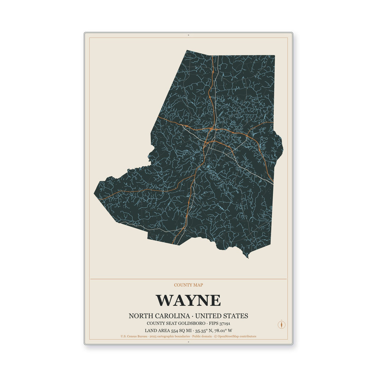Wayne County, North Carolina Map Aluminum Sign in Headline Atlas style