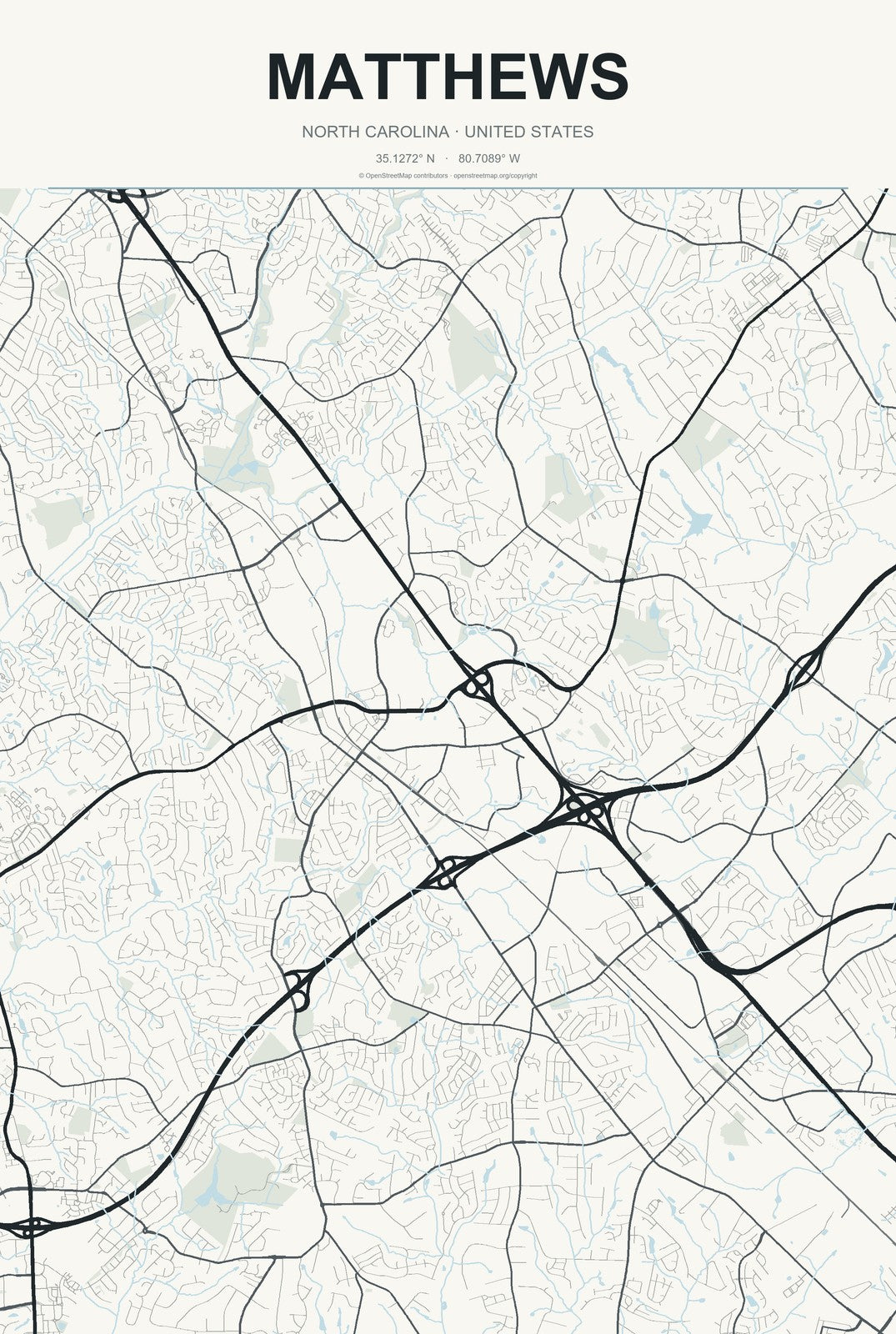 Matthews, North Carolina City Map Aluminum Sign in Headline Atlas style