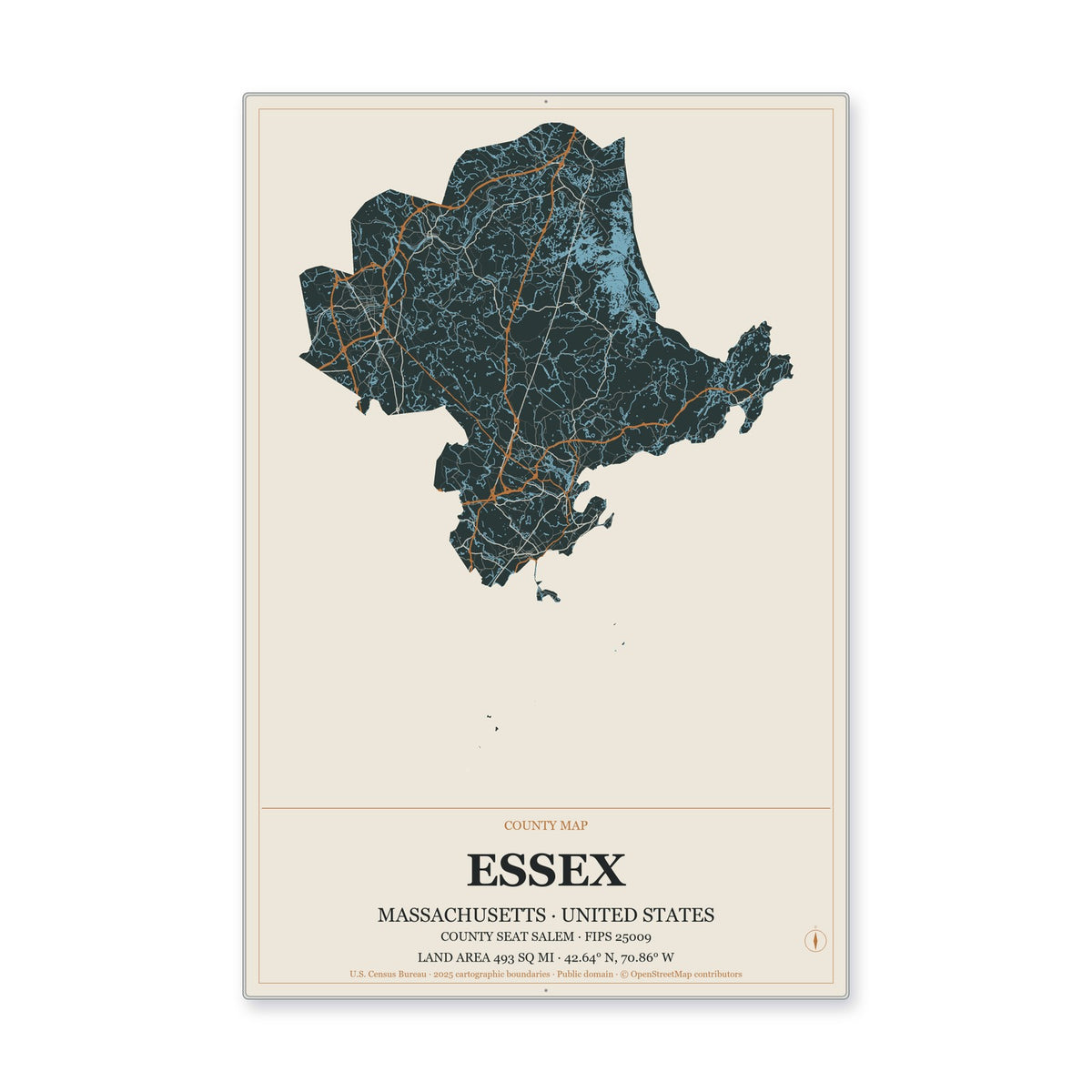 Essex County, Massachusetts Map Aluminum Sign in Headline Atlas style