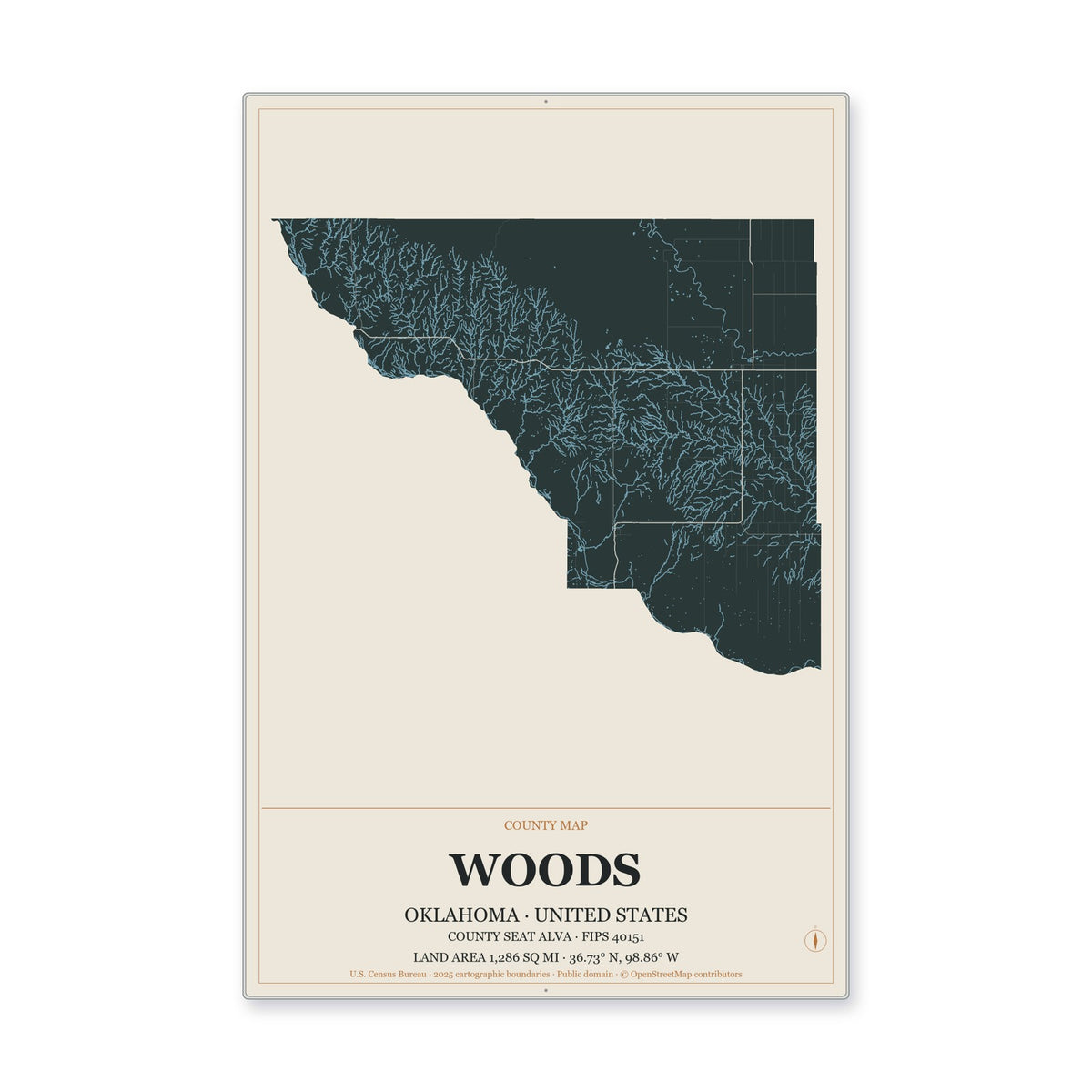 Woods County, Oklahoma Map Aluminum Sign in Headline Atlas style