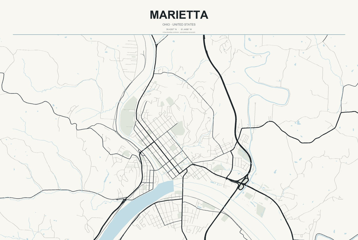 Marietta, Ohio City Map Aluminum Sign in Headline Atlas style
