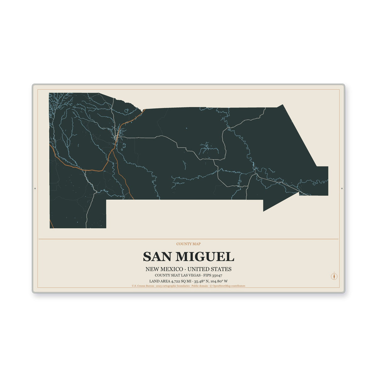 San Miguel County, New Mexico Map Aluminum Sign in Headline Atlas style